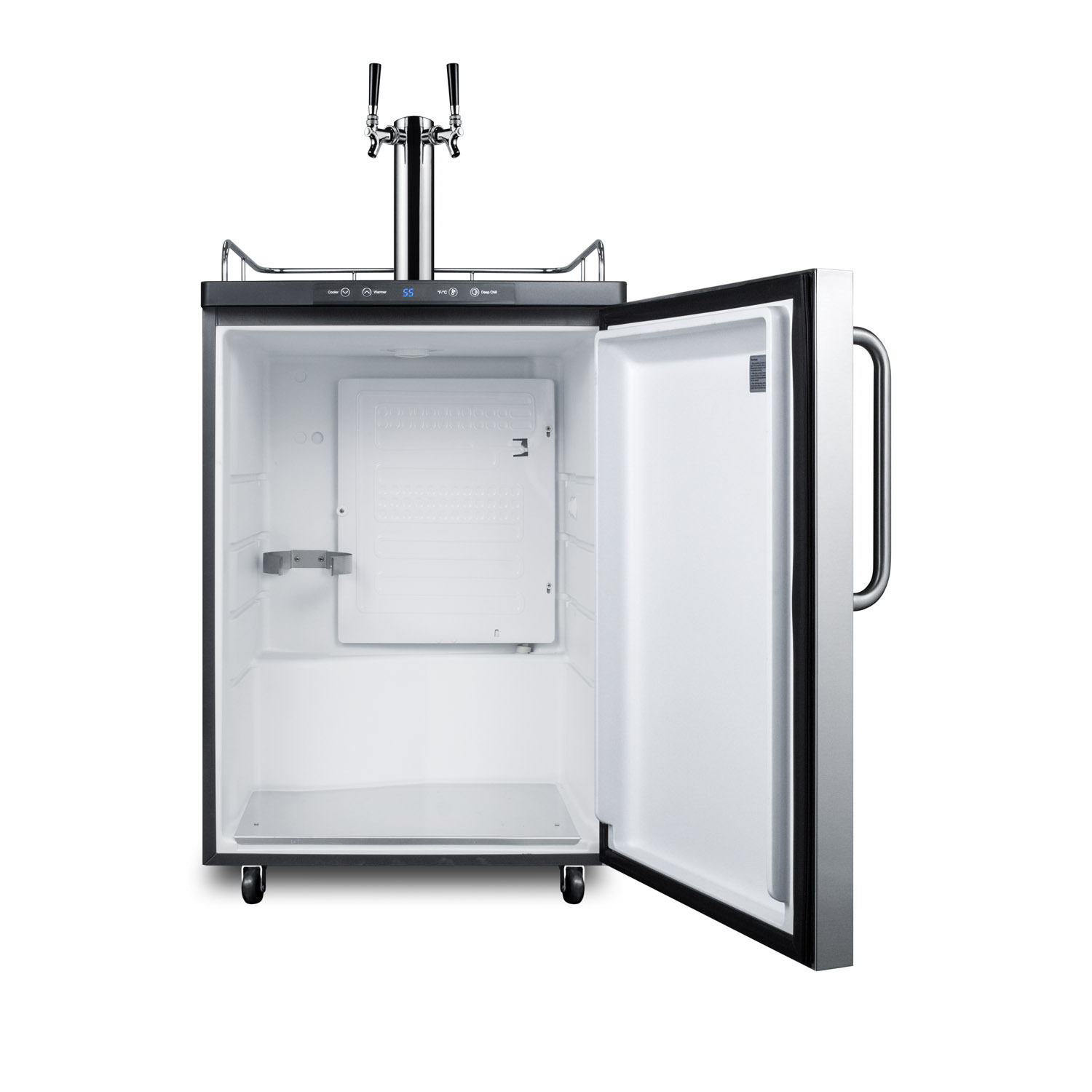 Freestanding dual tap residential beer dispenser, auto defrost w/digital thermostat, SS wrapped door, towel bar handle, and black cabinet